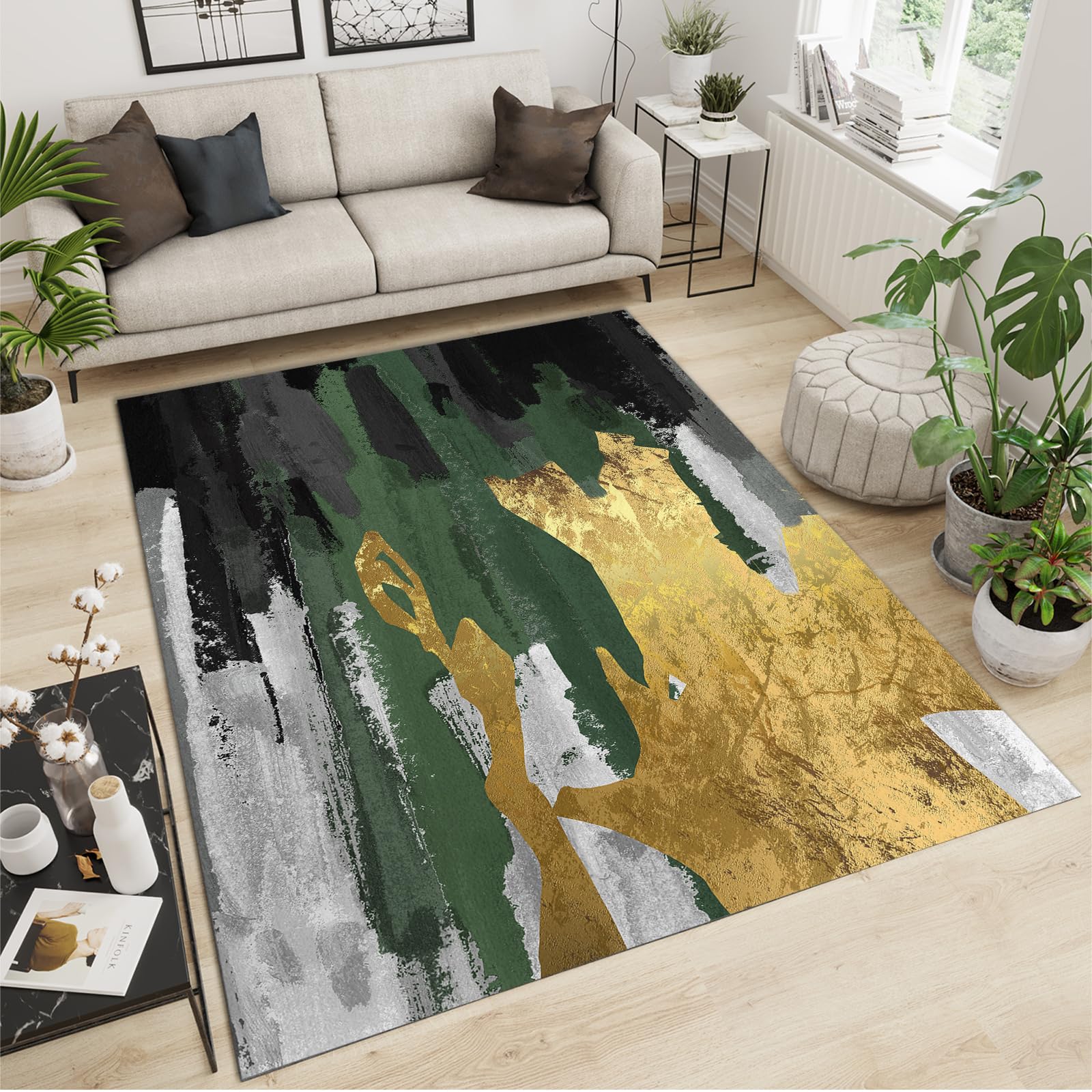 Modern Fashion Geometric Carpet, Art Emerald Green Black Gold Smear Printed Area Rug, Non-Slip Washable Foldable Low Pile Mat for Living Room Kids Bedroom Entryway Hallway Porch Kitchen,5x7ft