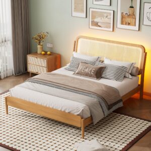 RuiSiSi Queen Bed Frame with LED Lights Rattan Platform Bed Frame with Natural Rattan Headboard (Natural, Queen)