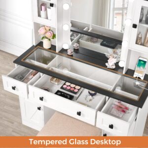 ANWBROAD Farmhouse Makeup Vanity Desk with Mirror and Lights White Vanity Desk 43" W Glass Tabletop Vanity Table with Charging Station & 2 Cabinets Big Modern Dressing Table Stool for Bedroom UBDT71W