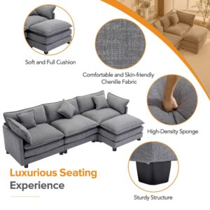 DREAMODERN 112.2-Inch Luxury Sectional Sofa Couches for Living Room, L Shape Modular Couch, Chenille Fabric Upholstered Cloud Sofa Couch with Removable Ottoman 5 Pillows for Office Home - Gray