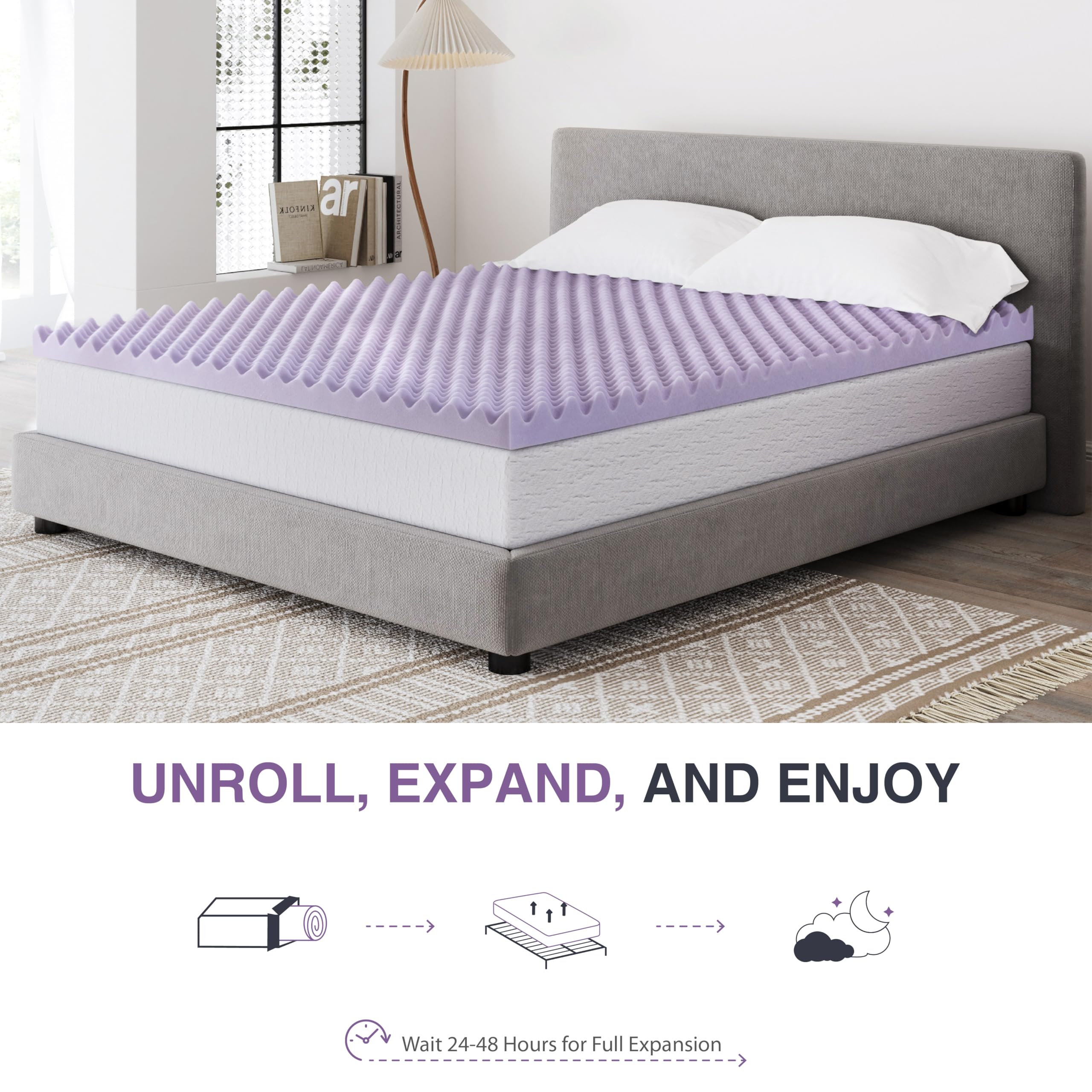 Dyonery 2 Inch Egg Crate Memory Foam Queen Mattress Topper, Soothing Lavender Infused, CertiPUR-US Certified, Cooling Sleep, Pressure Relief, 60"×80"×2"