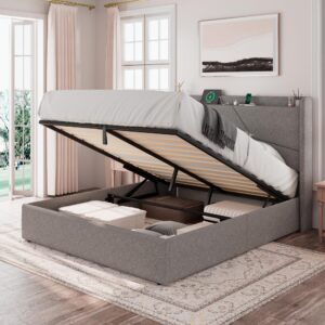 einhomn queen size lift up bed frame with charging station, upholstered bed frame with storage, no box spring needed, noise-free, hydraulic storage, easy assembly, light grey