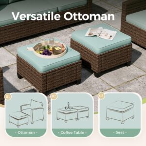 MIXPATIO 3 Pieces Wicker Patio Furniture Set, Rattan Outdoor Conversation Set with 3-Seater Sofa, 2 Pieces Ottomans, Blue