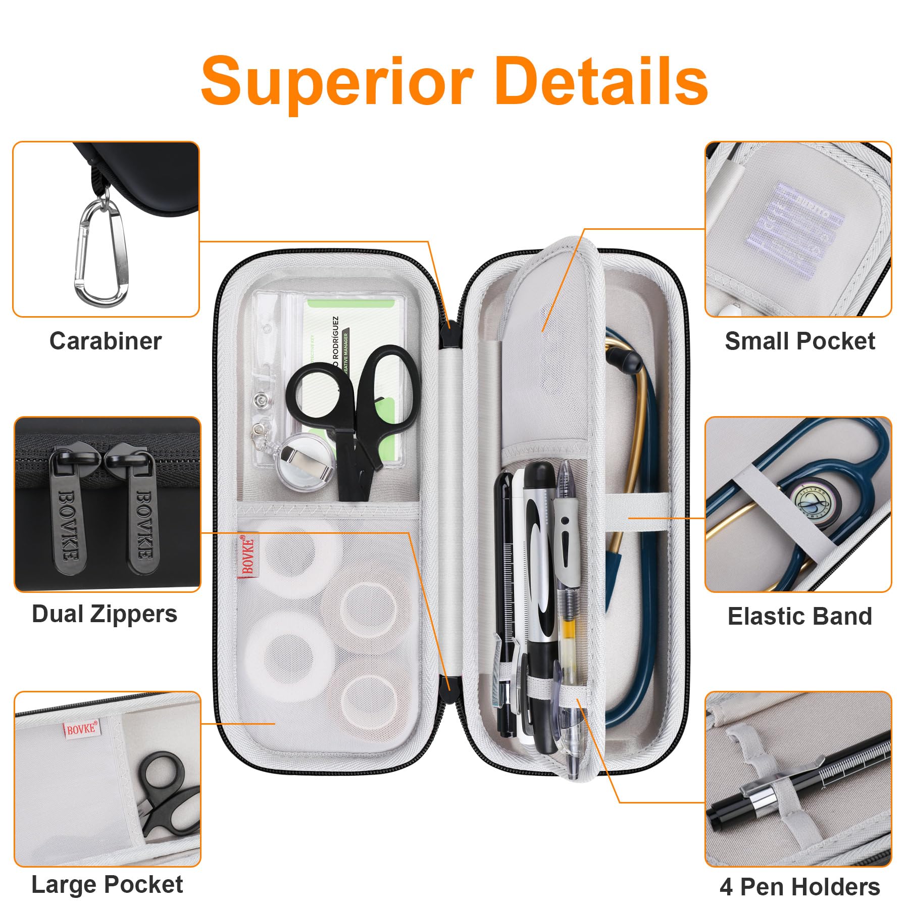 BOVKE 15 Pcs Stethoscope Case Nurse Tool Sets Include Stethoscope Case, Medical Scissors, 2 Penlights with Batteries, Bandage Wraps, Name Card Holder for Nursing School Essentials, Black