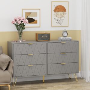 UEV Large Grey 6 Drawer Dresser,Modern Dresser Chest with Wide Drawers and Metal Handles,Wood Storage Chest of Drawers for Bedroom,Hallway,Entryway (Grey, Large 6 Drawer)