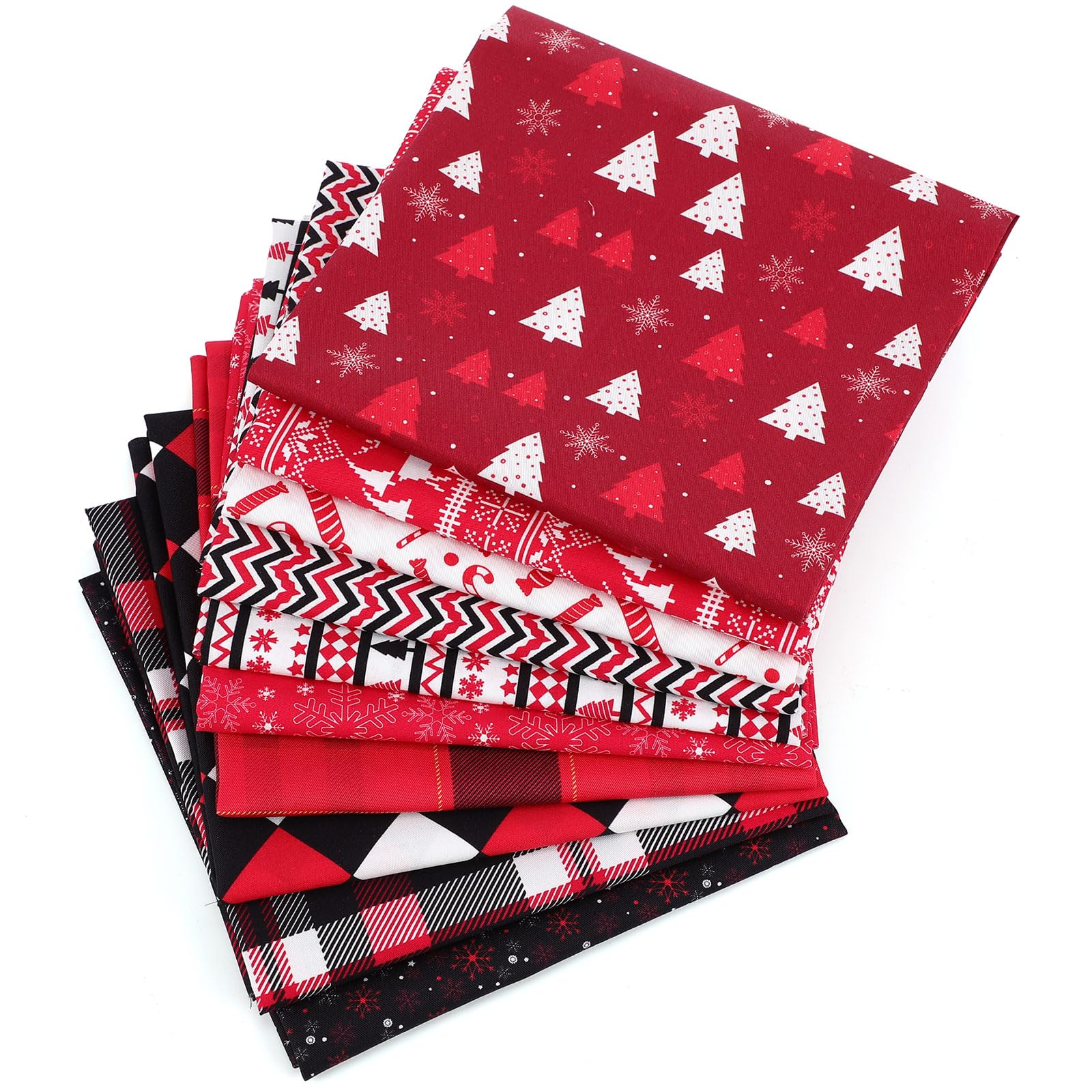 Hicarer 10 Pcs 20"x20" Christmas Cotton Fabric Square Bundles Red Black Reindeer Plaid Snowflake 10 Patterns Patchwork Christmas Fat Quarters for DIY Xmas Art Sewing Home Party Craft