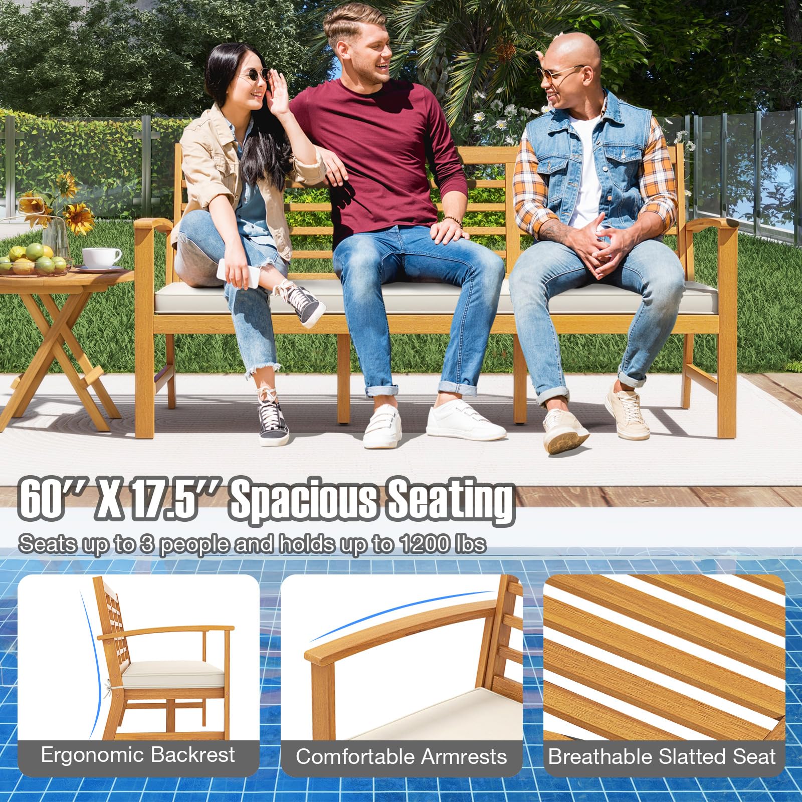 Giantex Acacia Wood Outdoor Bench, 3-Seat Patio Bench with Removable Cushion, Slatted Seat & Backrest, 1200 Lbs Capacity, 64 Inches Extra Long Park Bench for Backyard, Porch, Balcony, Garden Bench