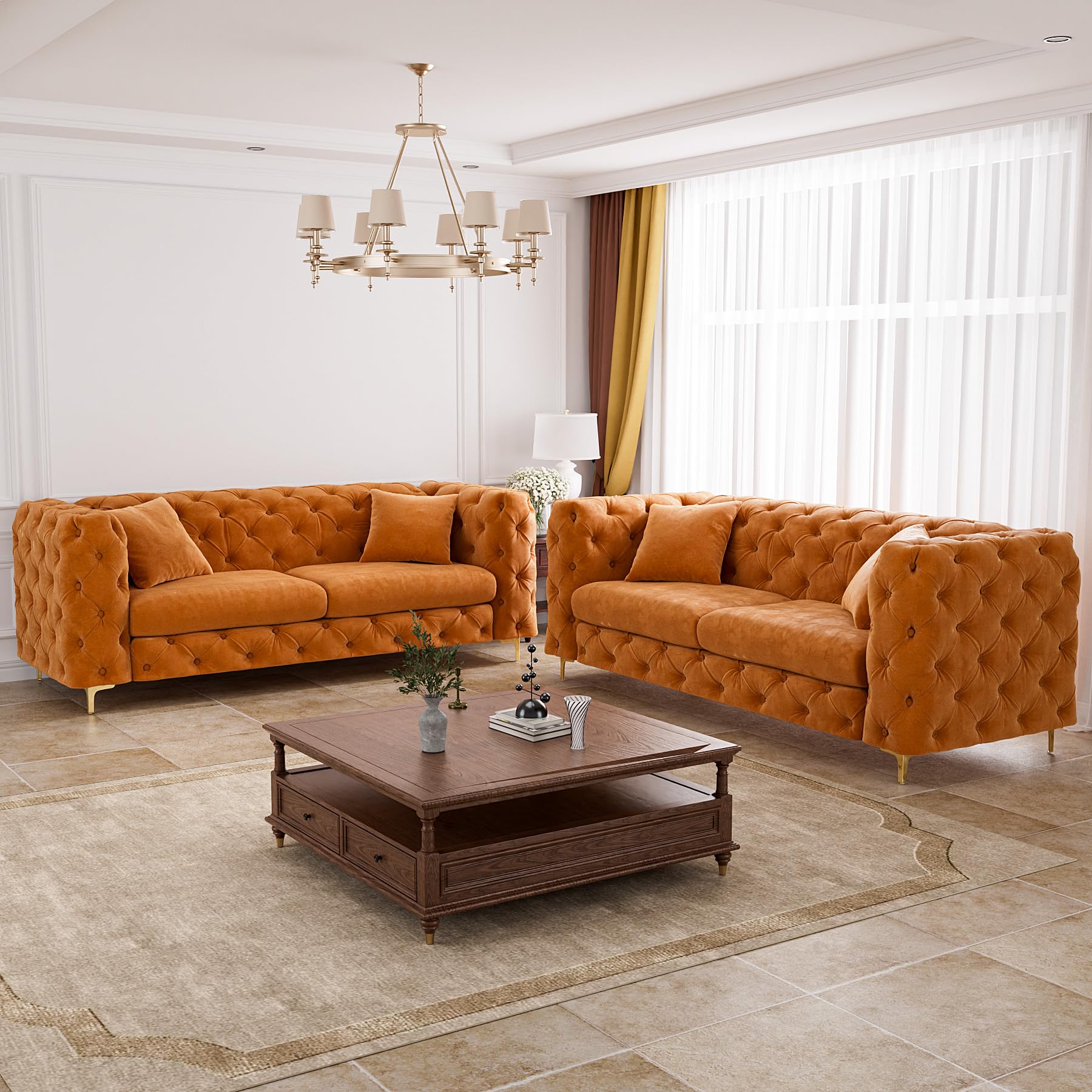 OUYESSIR 75" Comfy Modern Velvet Sofa Couch, Upholstered Deep Seat Sofa Tufted Couch with Metal Gold Legs and Pillows for Living Room Bedroom Office, Orange