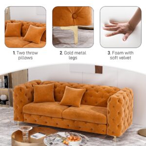 OUYESSIR 75" Comfy Modern Velvet Sofa Couch, Upholstered Deep Seat Sofa Tufted Couch with Metal Gold Legs and Pillows for Living Room Bedroom Office, Orange