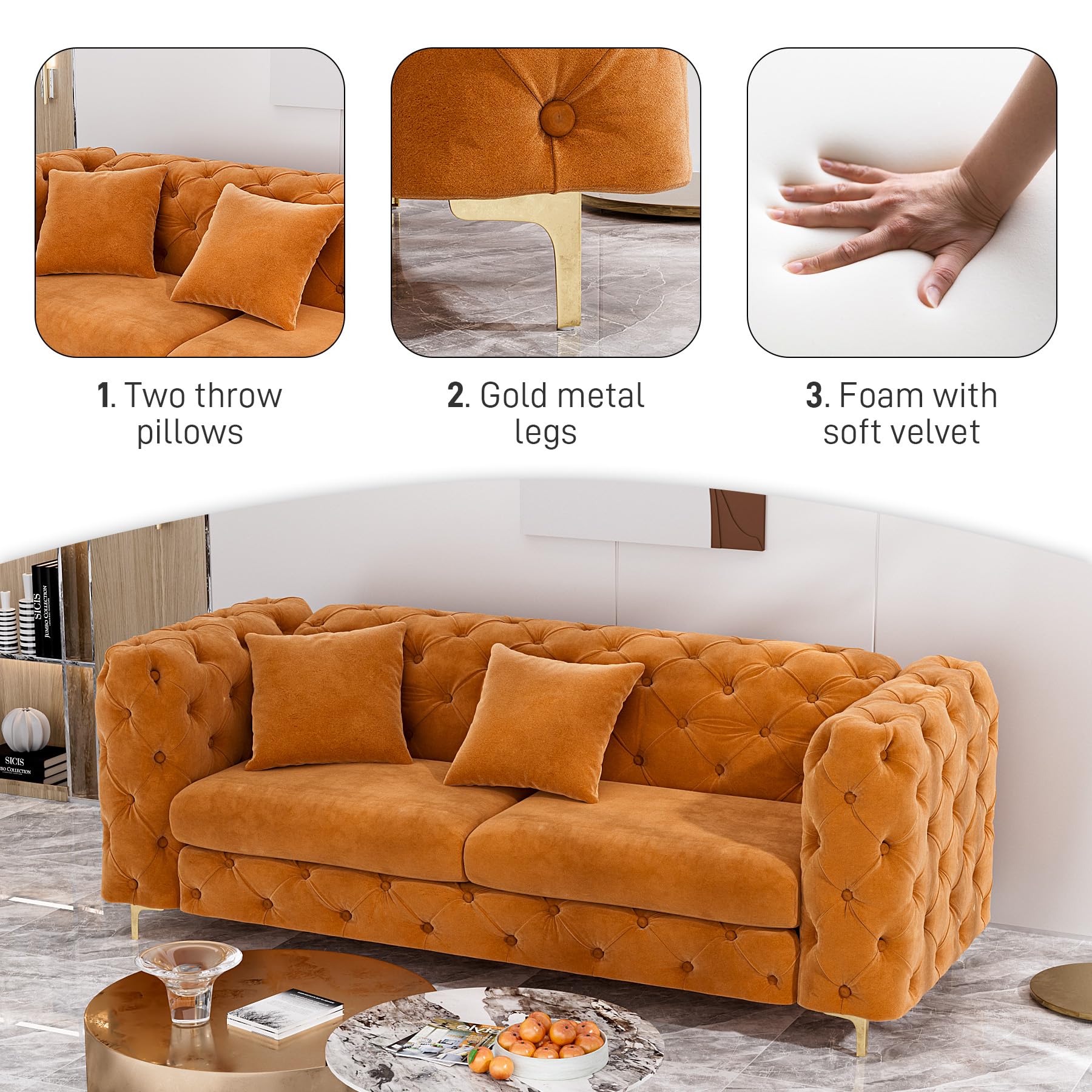 OUYESSIR 75" Comfy Modern Velvet Sofa Couch, Upholstered Deep Seat Sofa Tufted Couch with Metal Gold Legs and Pillows for Living Room Bedroom Office, Orange