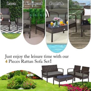 HOMGX 4 Piece Patio Furniture Set, Outdoor Modern Wicker Rattan Conversation Set w/Tempered Glass Top Coffee Table & 3 Padded Cushions for Backyard, Garden and Courtyard