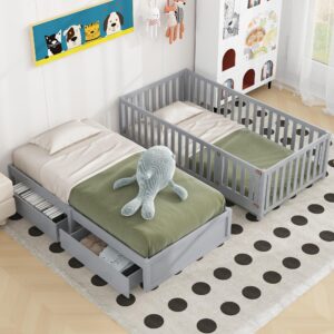 SOFTSEA Wood Daybed Twin Size with Fence Guardrail and Storage Drawers, Split Into Independent Floor Bed and Daybed for Boys Girls, Kids Platofrm Daybed Frame, Gray