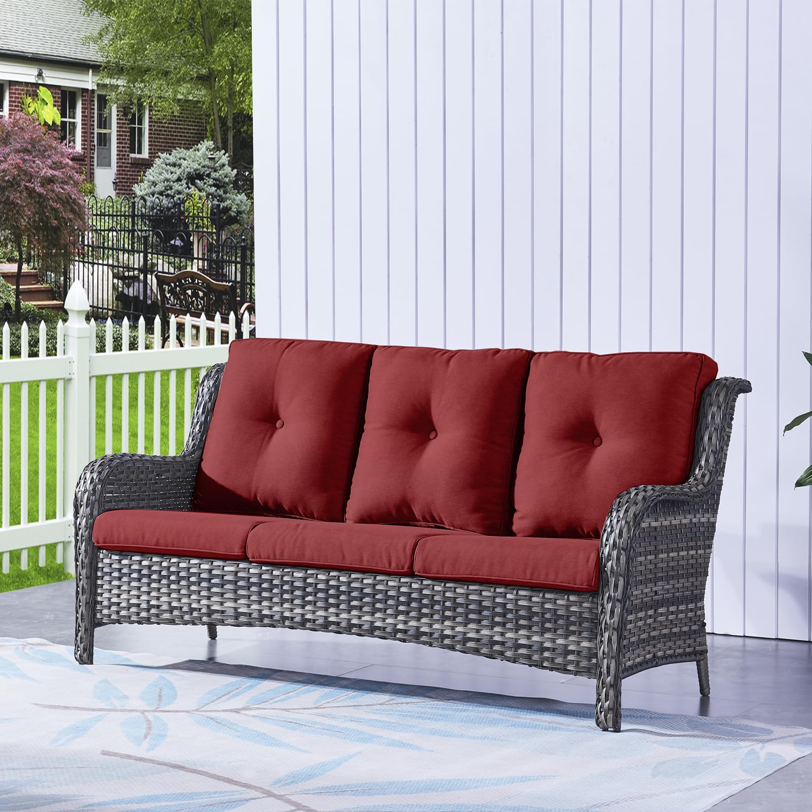 HUMMUH Outdoor Furniture 5 Pieces Patio Furniture Set Wicker Outdoor Sectional Sofa with 2 Patio Chairs,Ottomans(Grey/Red)