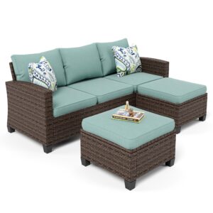 MIXPATIO 3 Pieces Wicker Patio Furniture Set, Rattan Outdoor Conversation Set with 3-Seater Sofa, 2 Pieces Ottomans, Blue