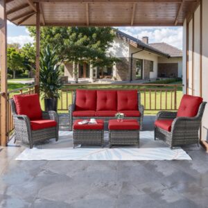 hummuh outdoor furniture 5 pieces patio furniture set wicker outdoor sectional sofa with 2 patio chairs,ottomans(grey/red)