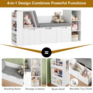 BOTLOG 61.5" Kids Reading Nook with 3-Layer Bookshelf, Reading Nook for Kids with Double Bench and Rolling Drawers, Kids Bookshelf and Toy Storage for Nursery, Playroom, White