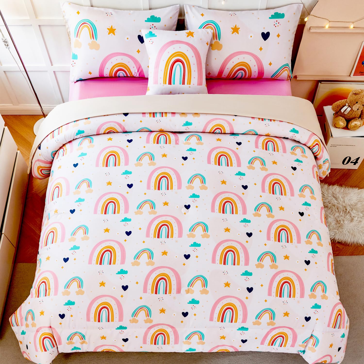 ANGIYUIN 6 Pieces Multi-Color Rainbow Queen Bedding Comforter Set for Girls Kids Cute Cloud and Love Hearts Girls Bedding Set Soft Microfiber Kid Bed in a Bag with Comforter, Sheets, Pillowcases