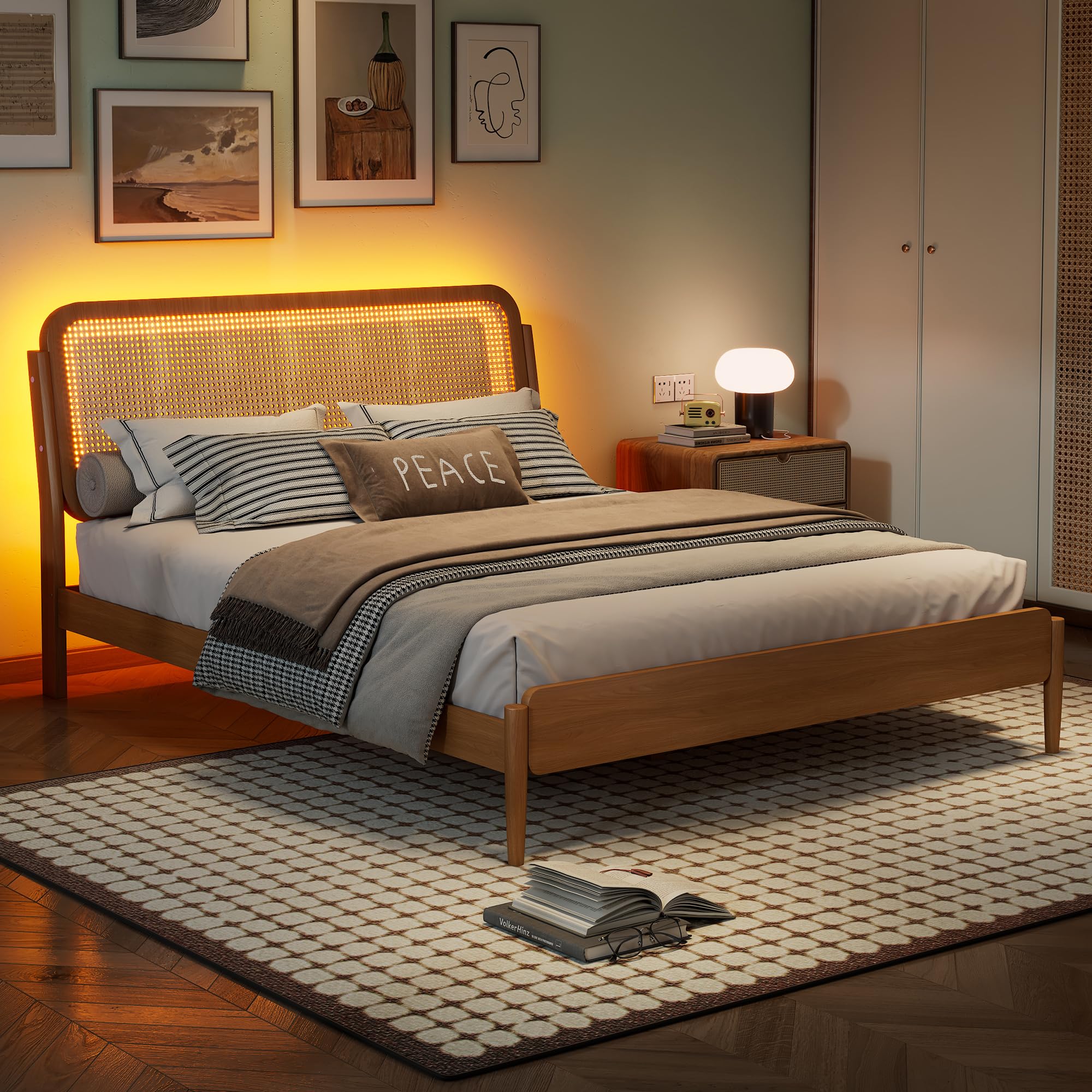 RuiSiSi Queen Bed Frame with LED Lights Rattan Platform Bed Frame with Natural Rattan Headboard (Natural, Queen)