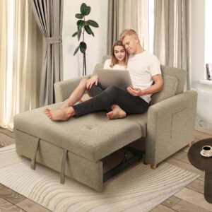 SEJOV 3-in-1 Convertible Sofa Bed, Linen Fabric Pull Out Couch Bed, Adjustable Backrest Futon Sofa Chair, Loveseat which Easy to Assembly, Sturdy Recliner for Living Room, Apartment, Brown Grey