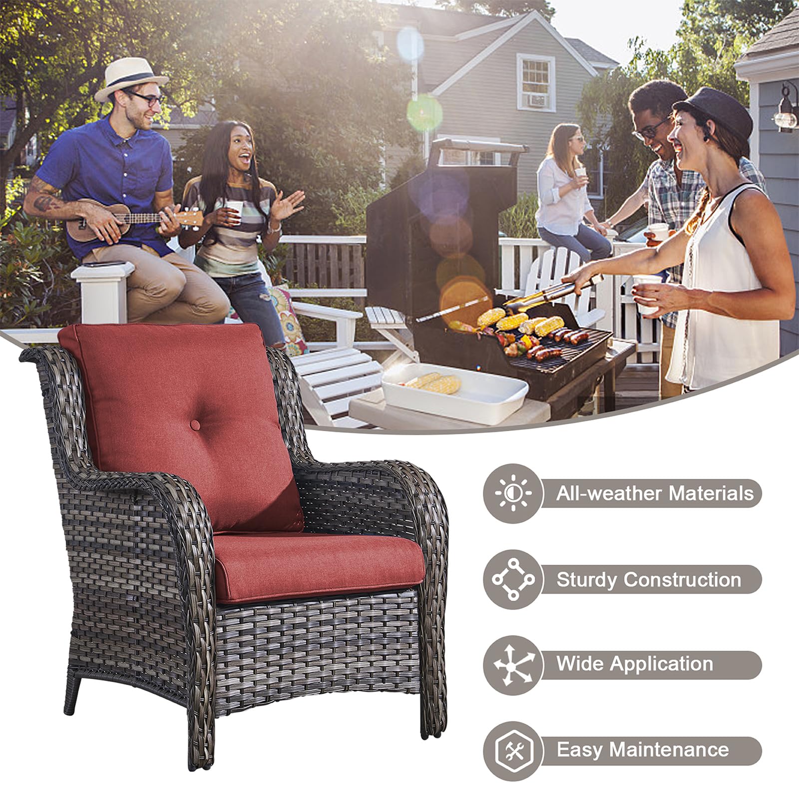 HUMMUH Outdoor Furniture 5 Pieces Patio Furniture Set Wicker Outdoor Sectional Sofa with 2 Patio Chairs,Ottomans(Grey/Red)