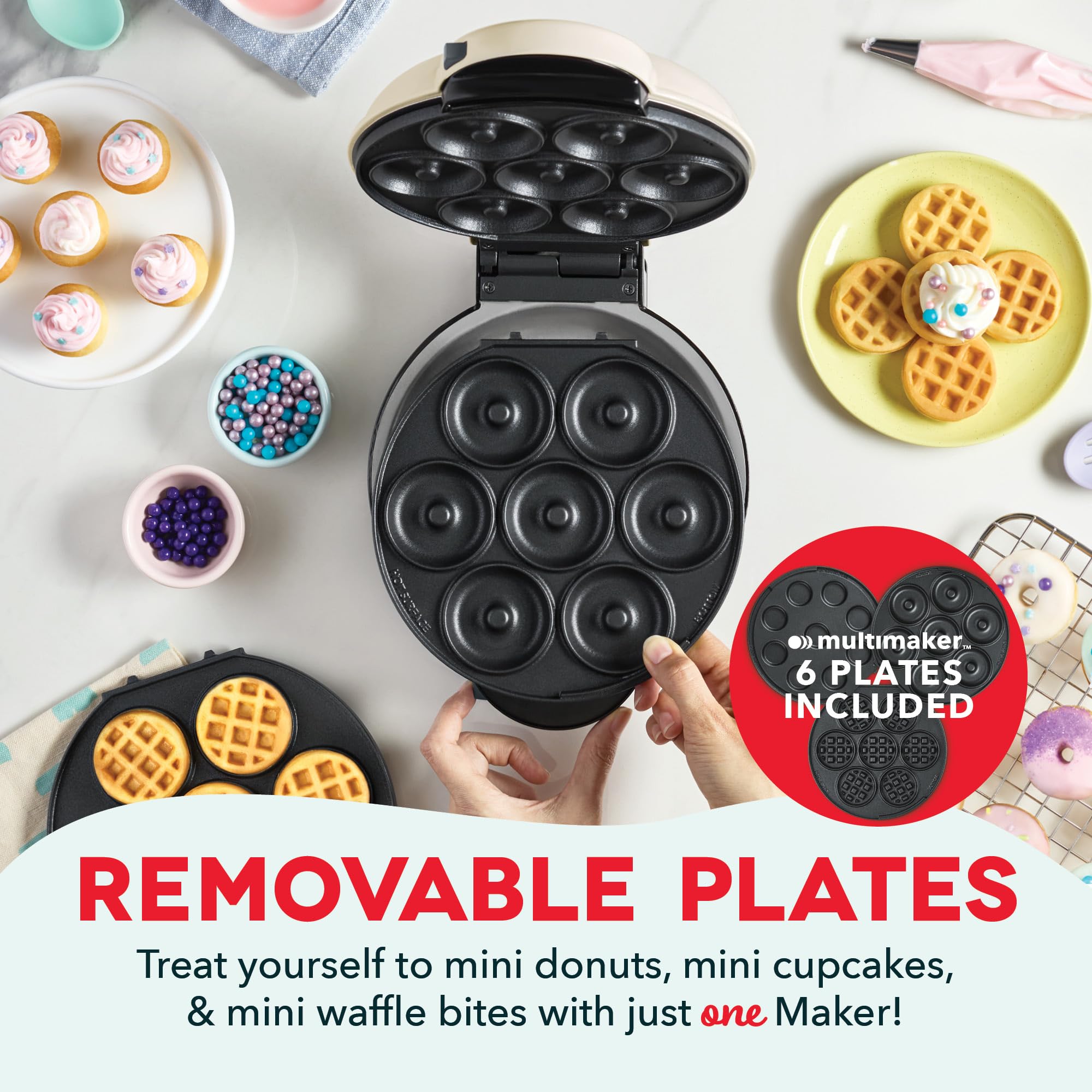 DASH MultiMaker Treat Maker System, Mini Donuts, Waffle Bites, Mini Cupcakes - Cream