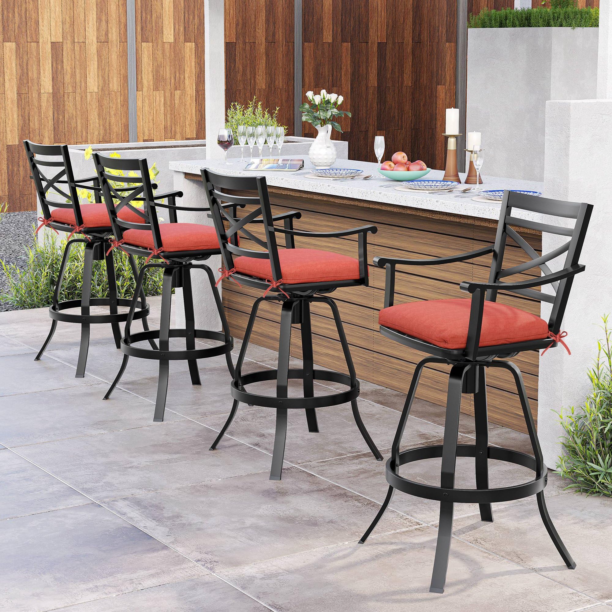 Pellebant Swivel Outdoor Bar Stools Set of 4, Patio Bar Height Chairs with Cushion and Cast Aluminum Frame, Outdoor Furniture w/Armrest & High Back for Deck Lawn Garden, Red