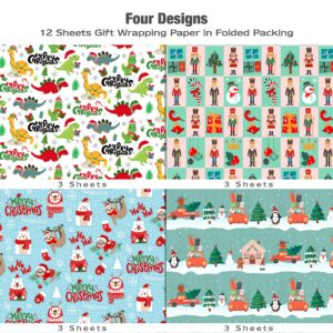 MotiGiftie Christmas Wrapping Paper for Kids Boys Girls, 12 Sheets Xmas Gift Wrapping Paper Dinosaurs, Sloth, Polar Bear, Penguin, Nutcracker, Red Truck Designs Gift Wrap 20 x 28 Inches