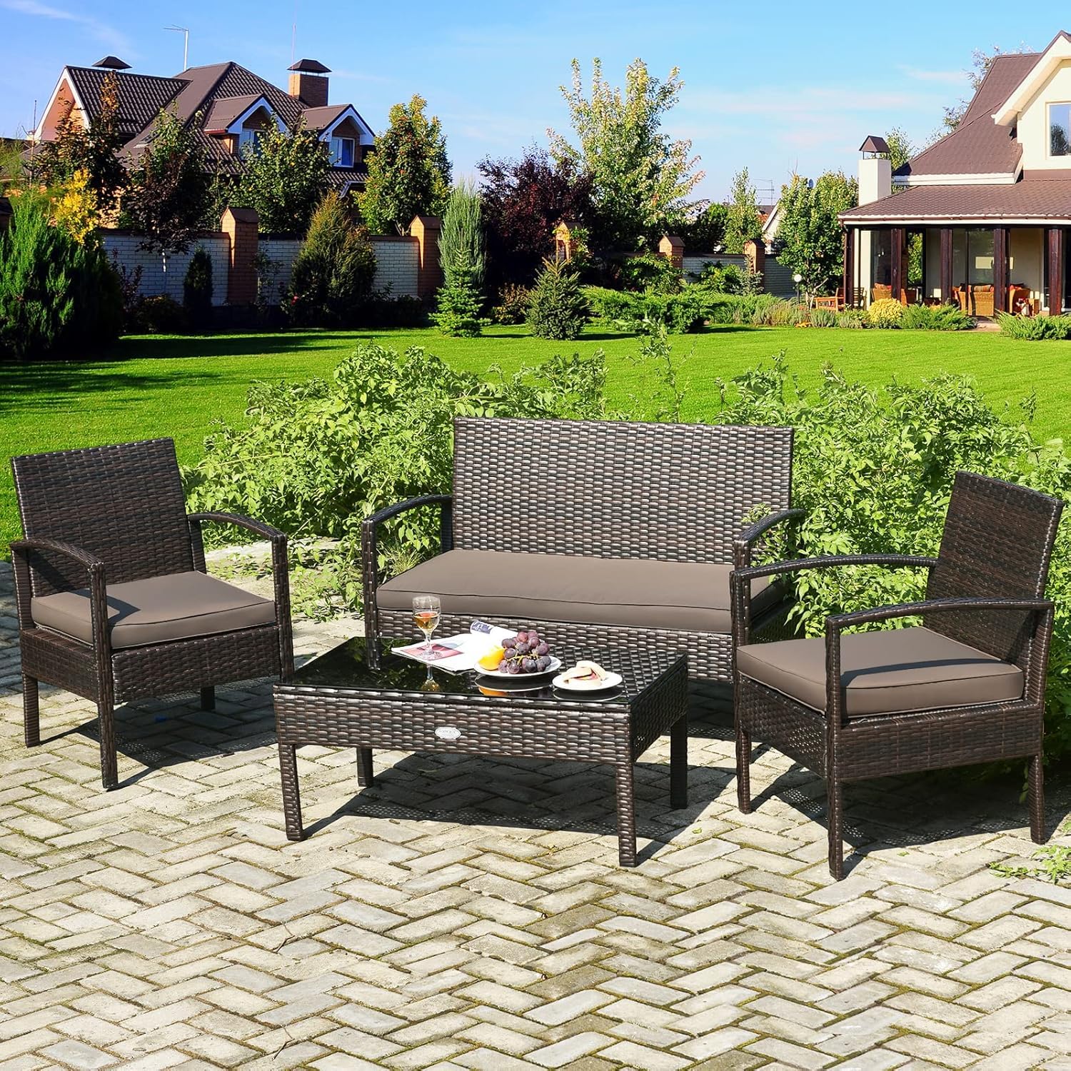 HOMGX 4 Piece Patio Furniture Set, Outdoor Modern Wicker Rattan Conversation Set w/Tempered Glass Top Coffee Table & 3 Padded Cushions for Backyard, Garden and Courtyard