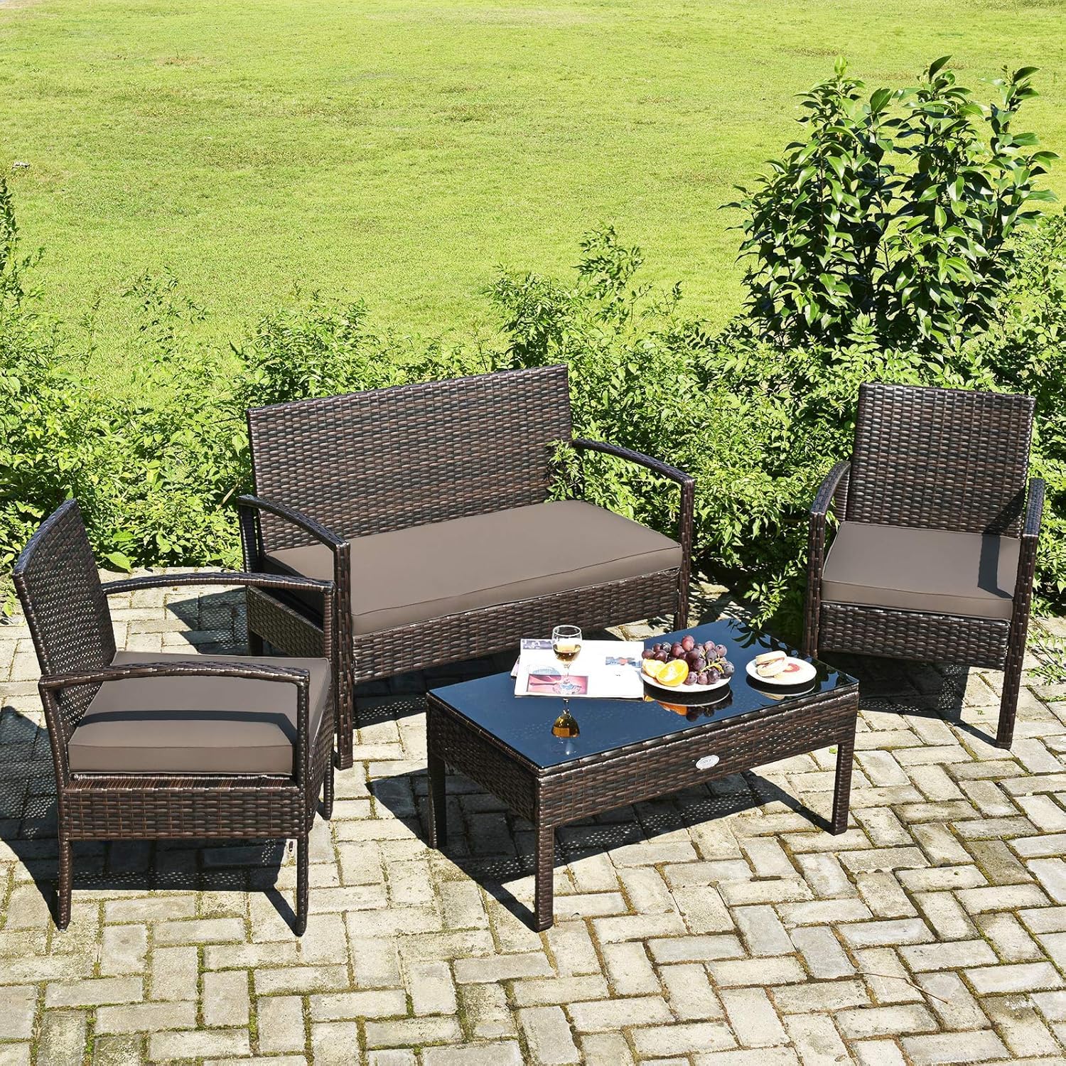 HOMGX 4 Piece Patio Furniture Set, Outdoor Modern Wicker Rattan Conversation Set w/Tempered Glass Top Coffee Table & 3 Padded Cushions for Backyard, Garden and Courtyard