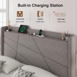 Einhomn Queen Size Lift Up Bed Frame with Charging Station, Upholstered Bed Frame with Storage, No Box Spring Needed, Noise-Free, Hydraulic Storage, Easy Assembly, Light Grey