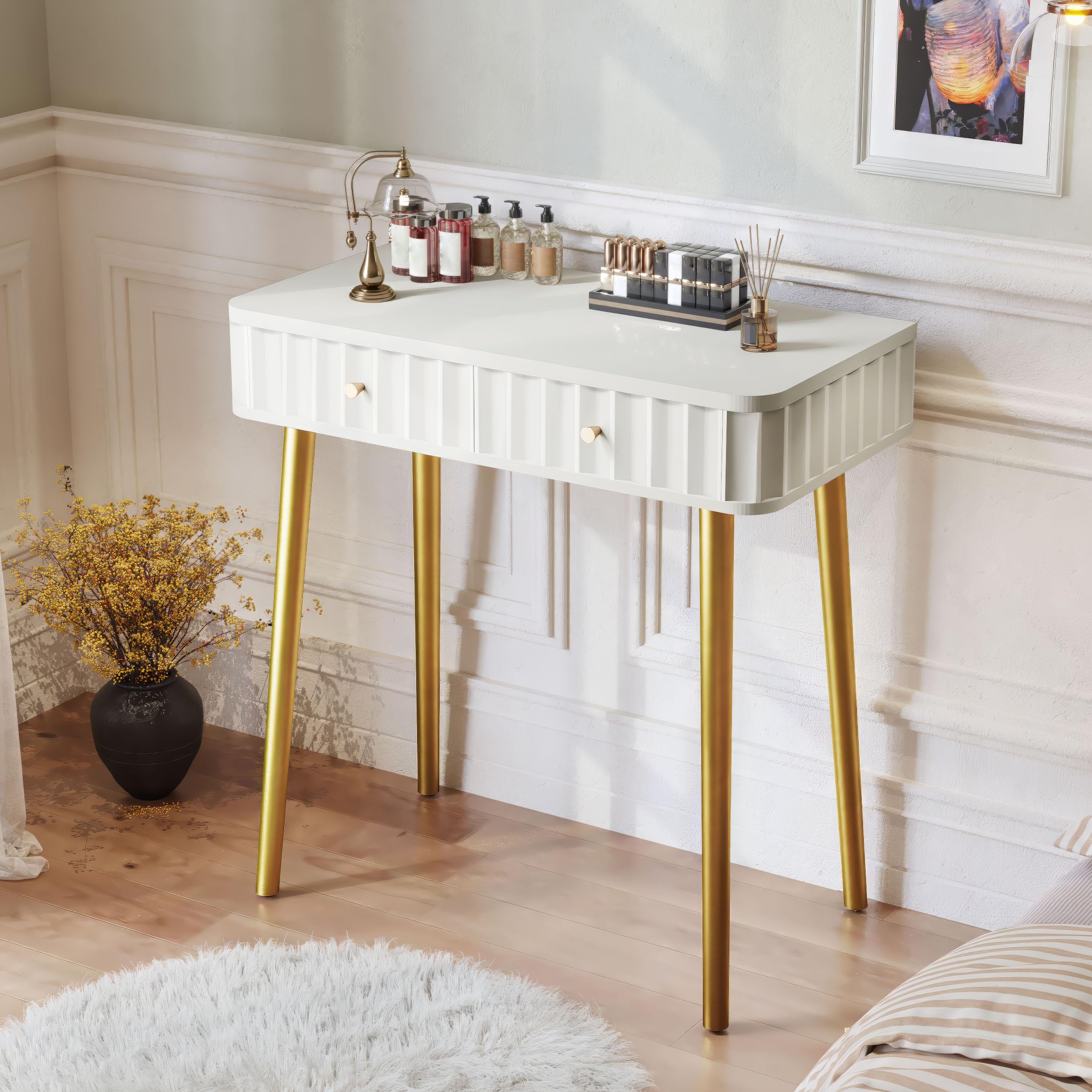 AZODY Vanity Desk with 2 Drawers,32'' Water Ripple Makeup Vanity Desk, Modern Home Office Computer Desk,Makeup Dressing Console Table with Golden Legs for Small Spaces