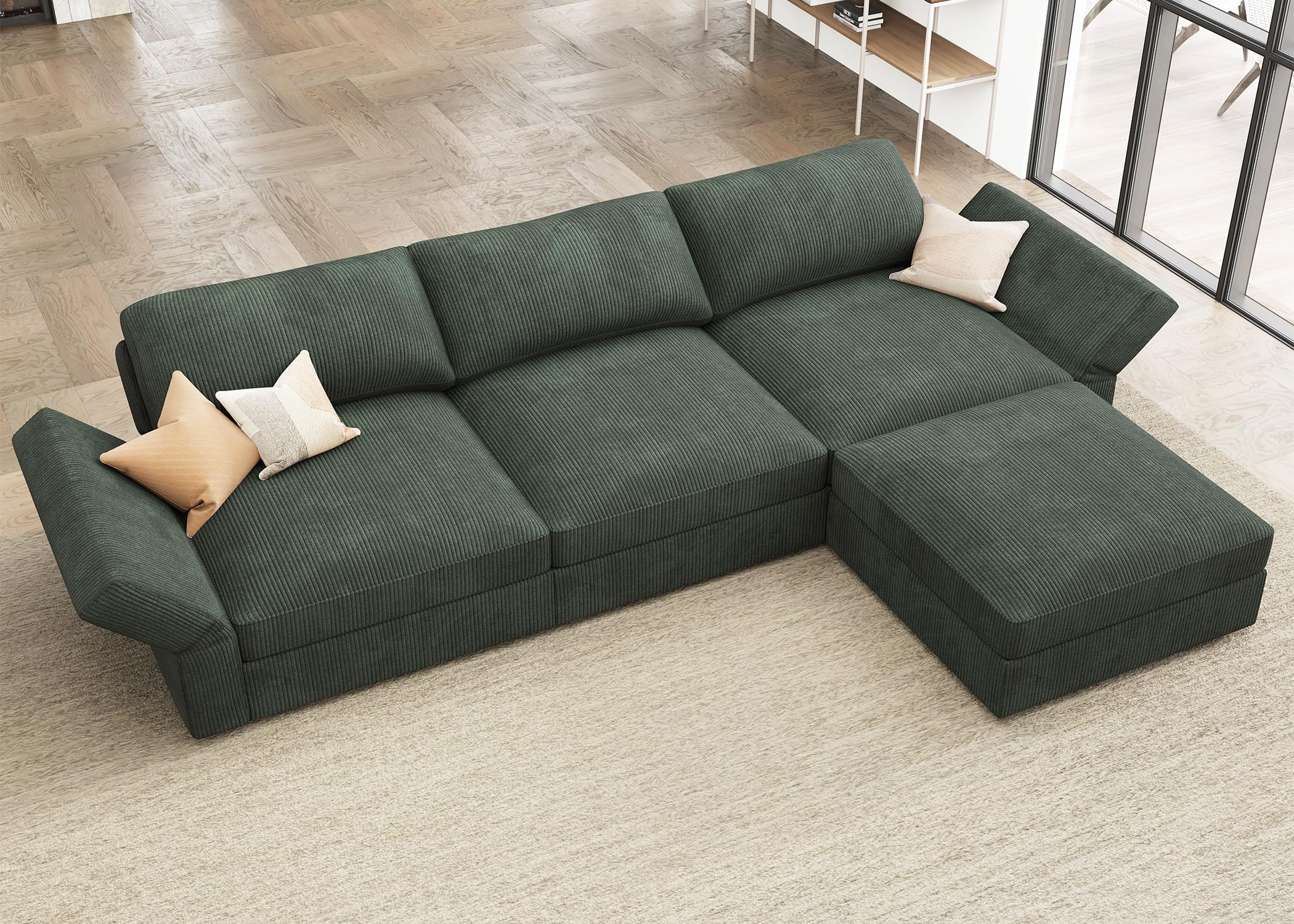 HONBAY Modular Sectional Couch with Storage Corduroy Sectional Sofa with Chaise L Shaped Sectional Couches for Living Room,Green