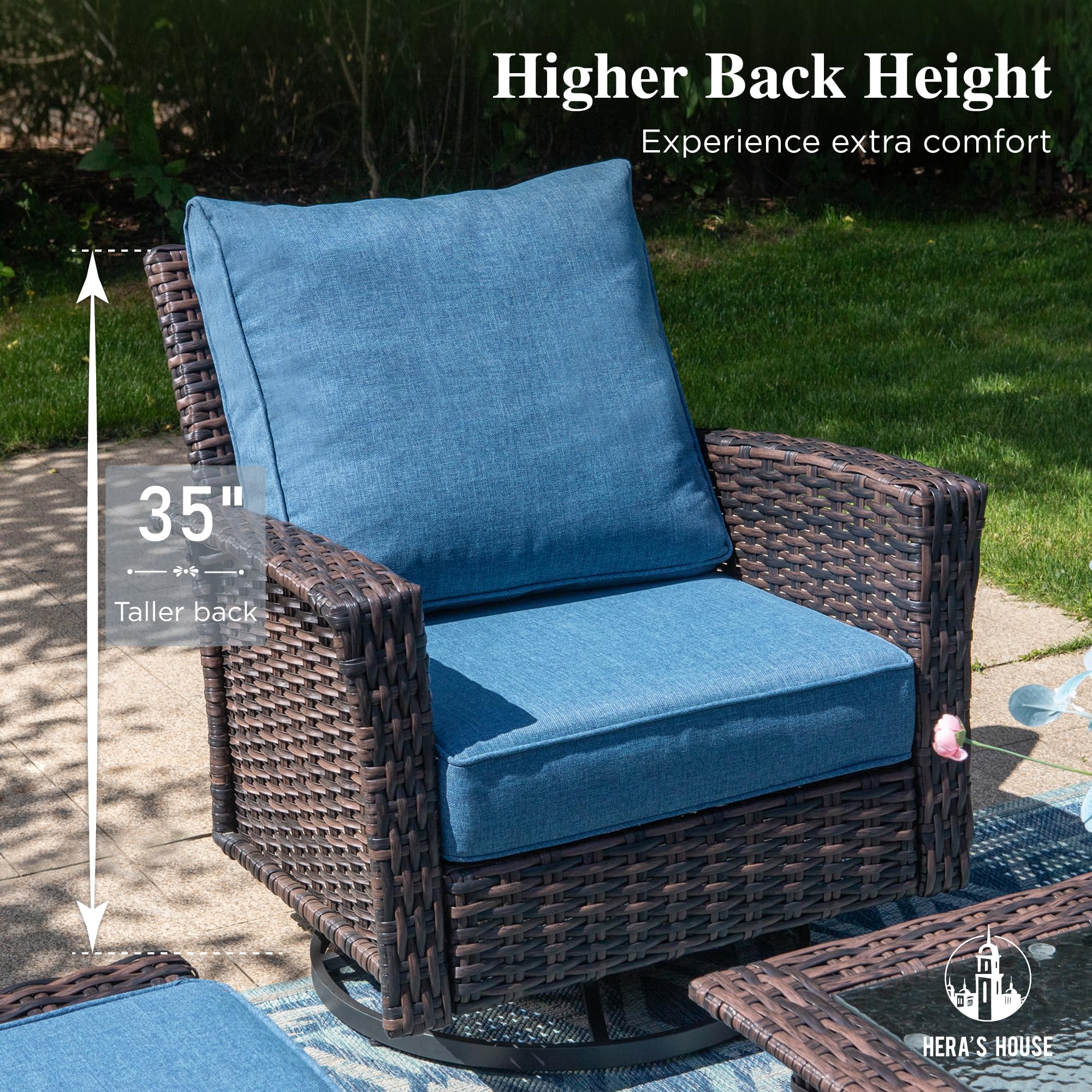 HERA'S HOUSE High Back Swivel Patio Furniture Sets 6 Pieces, Oversized Outdoor Wicker Sectional Conversation Set for Garden Backyard, Navy Blue