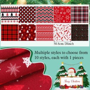 Hicarer 10 Pcs 20"x20" Christmas Cotton Fabric Square Bundles Red Black Reindeer Plaid Snowflake 10 Patterns Patchwork Christmas Fat Quarters for DIY Xmas Art Sewing Home Party Craft