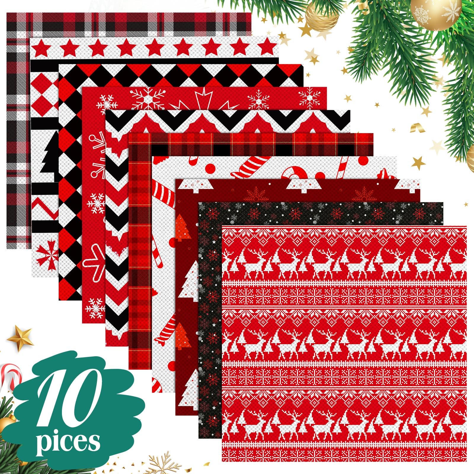 Hicarer 10 Pcs 20"x20" Christmas Cotton Fabric Square Bundles Red Black Reindeer Plaid Snowflake 10 Patterns Patchwork Christmas Fat Quarters for DIY Xmas Art Sewing Home Party Craft