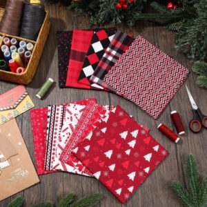 Hicarer 10 Pcs 20"x20" Christmas Cotton Fabric Square Bundles Red Black Reindeer Plaid Snowflake 10 Patterns Patchwork Christmas Fat Quarters for DIY Xmas Art Sewing Home Party Craft