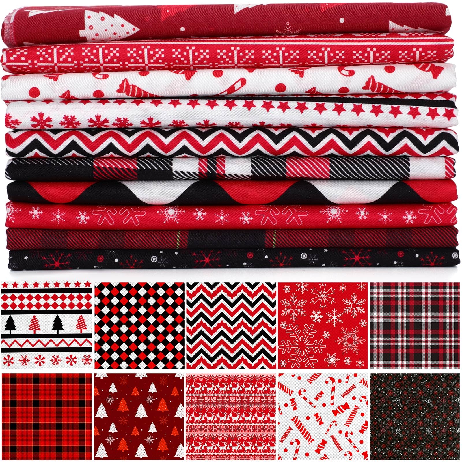 Hicarer 10 Pcs 20"x20" Christmas Cotton Fabric Square Bundles Red Black Reindeer Plaid Snowflake 10 Patterns Patchwork Christmas Fat Quarters for DIY Xmas Art Sewing Home Party Craft