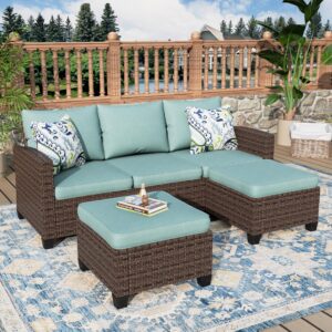 mixpatio 3 pieces wicker patio furniture set, rattan outdoor conversation set with 3-seater sofa, 2 pieces ottomans, blue