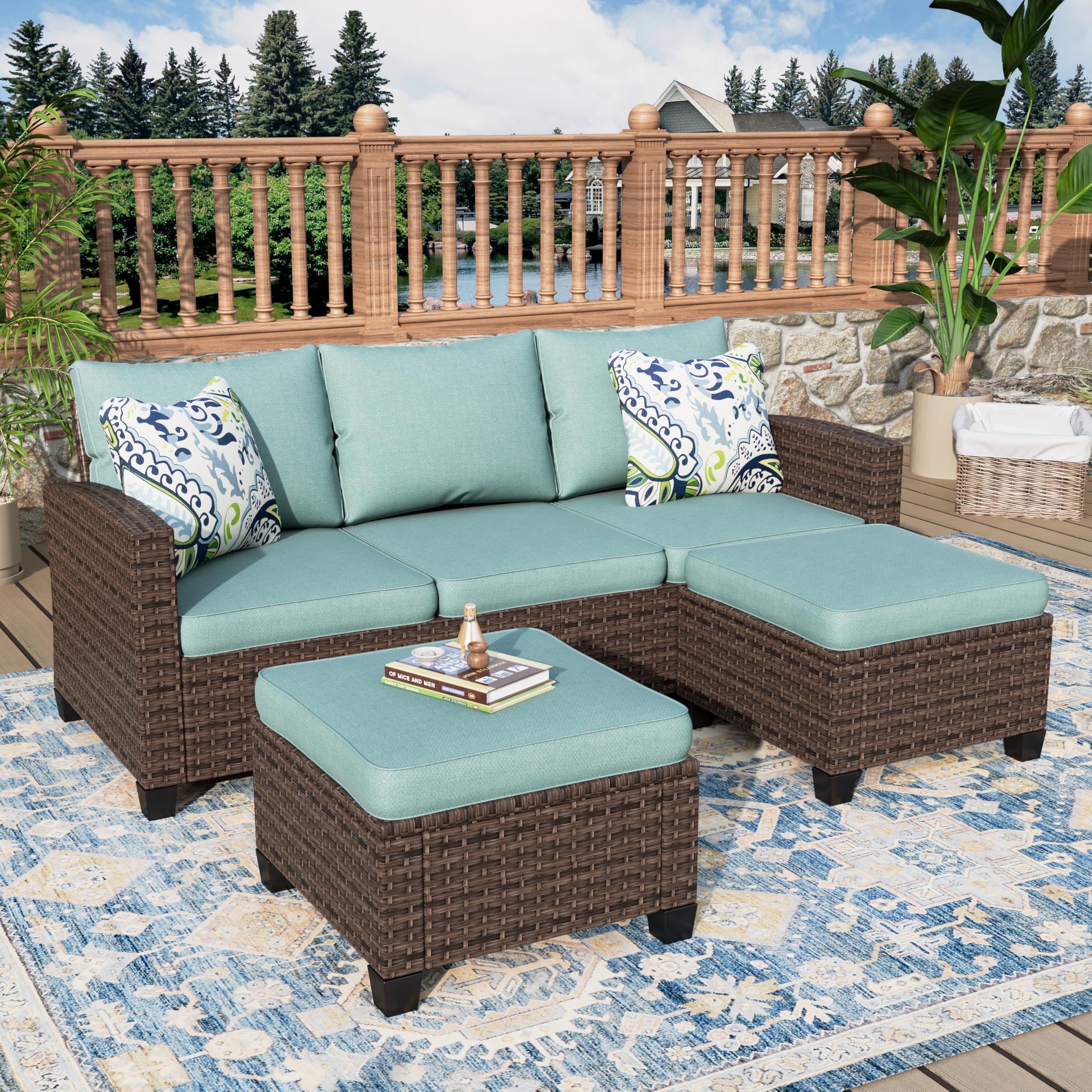 MIXPATIO 3 Pieces Wicker Patio Furniture Set, Rattan Outdoor Conversation Set with 3-Seater Sofa, 2 Pieces Ottomans, Blue