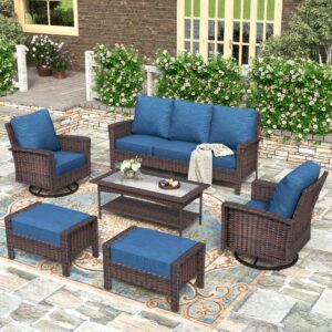 hera's house high back swivel patio furniture sets 6 pieces, oversized outdoor wicker sectional conversation set for garden backyard, navy blue