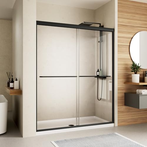 Shower Door，Royal Guard 44-48" W x 70" H Semi-Frameless Double Sliding Glass Shower Door with 1/4'' (6mm) Clear SGCC Tempered Glass，Bypass Shower Enclosure，Matte Black