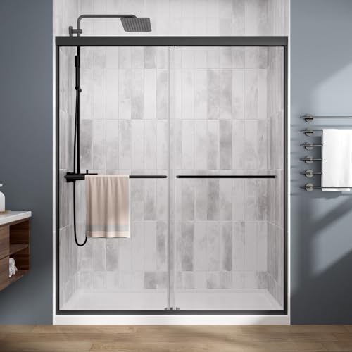 Shower Door，Royal Guard 44-48" W x 70" H Semi-Frameless Double Sliding Glass Shower Door with 1/4'' (6mm) Clear SGCC Tempered Glass，Bypass Shower Enclosure，Matte Black