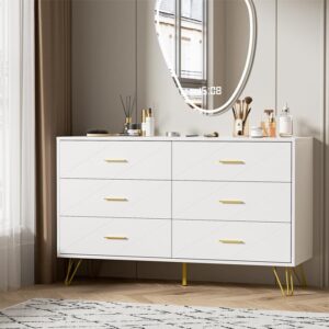 BVFUKA White Dresser for Bedroom, Wood 6 Drawer Double Dresser with Wide Drawers and Gold Handles, Modern Dressers & Chest of Drawers for Bedroom