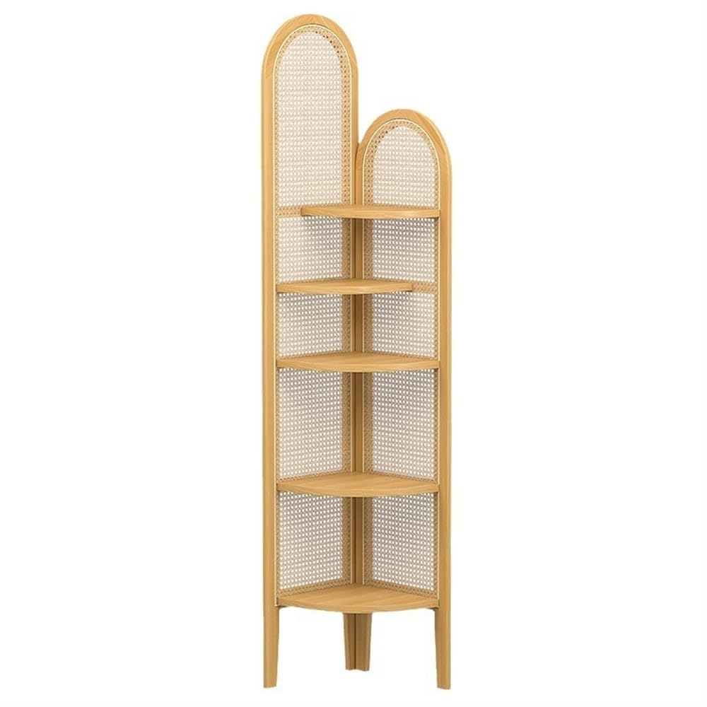 Miusocal 5-Tier Corner Shelf Stand, Corner Shelves Corner Display, Solid Wood Frame with Resin Rattan Weave, Fan-Shaped Corner Bookcase, Display Rack with Legs, Fits Tight Spaces(Natural)