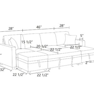 GlasFlength Sleeper Sofa Couch Bed, Convertible Sofa Bed with Armrests, Sectional Sofa with Storage Seat U Shaped Sectional Couch with Reversible Chaise for Living Room Apartment Bedroom Office