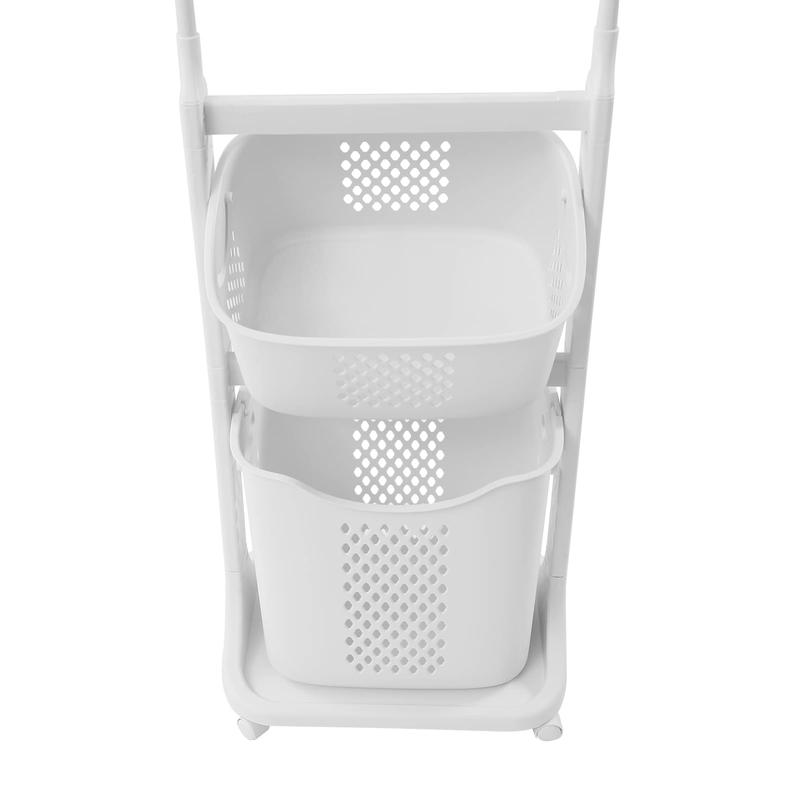 Sootvp Rolling Laundry Hamper Cart with Wheels and Hanging Bar, 2 Tier Rolling Laundry Basket Laundry Basket Organizer，Laundry Sorter for Laundry Bedroom Bathroom w/ 2 Removeable Baskets