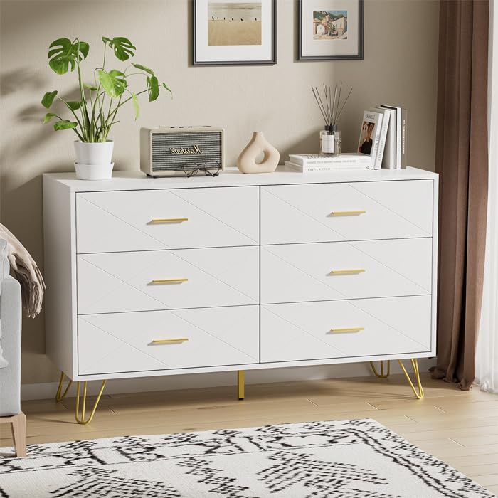 BVFUKA White Dresser for Bedroom, Wood 6 Drawer Double Dresser with Wide Drawers and Gold Handles, Modern Dressers & Chest of Drawers for Bedroom