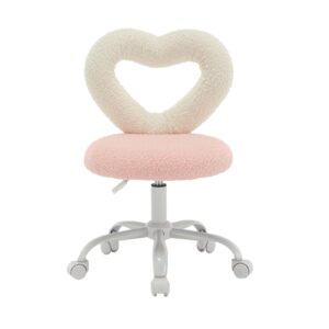 guyou kids desk chair with wheels, cute furry girls desk chair with open heart backrest, adjustable computer study chair swivel rolling faux fur children chair for bedroom, pink