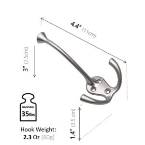 HARPOON 2 Pack Heavy Duty Three Flared Prongs Coat Hooks, Wall Mounted with 6 Screws, Retro Tri-Hook, Utility Hooks for Scarf, Bag, Towel, Key, Cap, Cup, Hat Satin Nickel