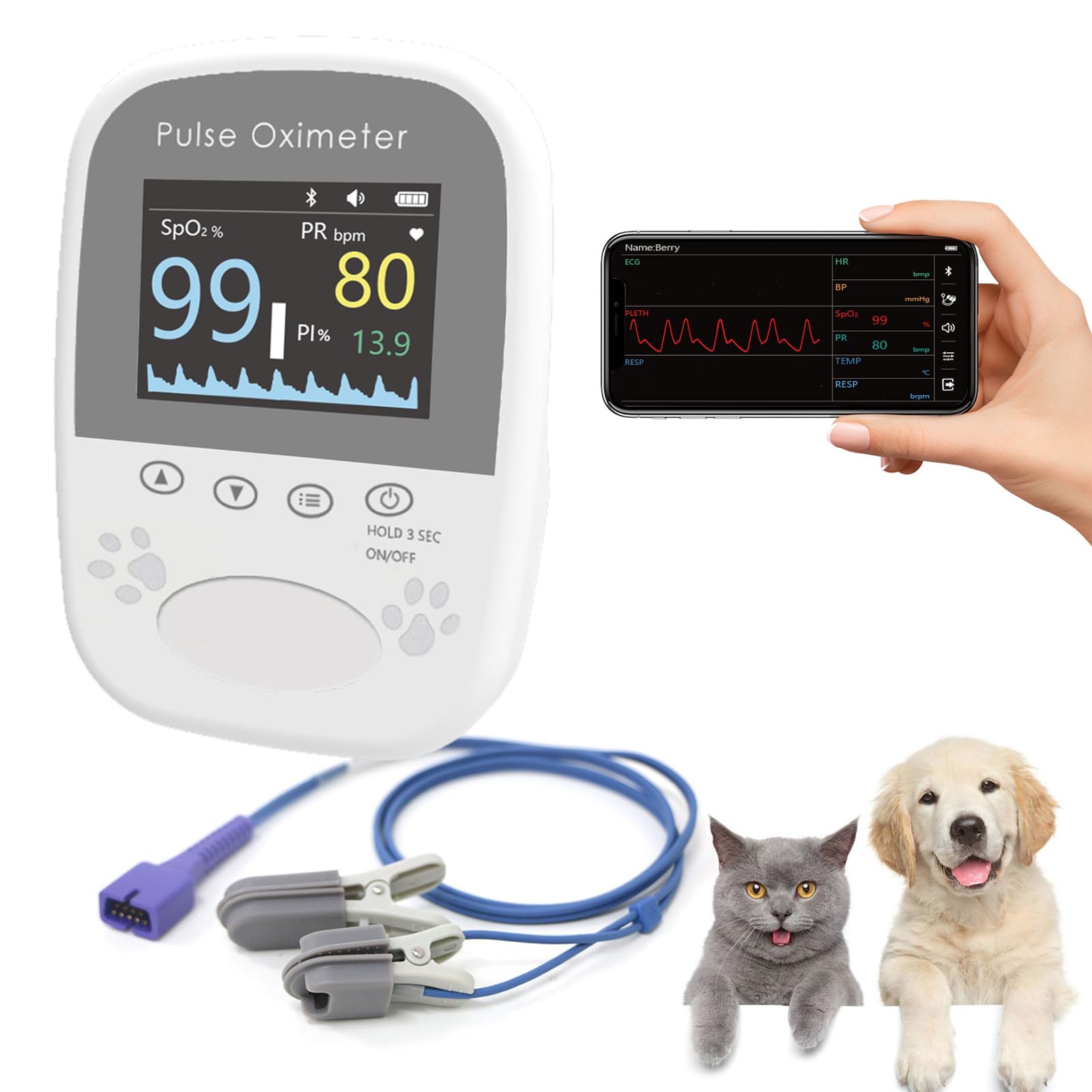 Veterinary Pulse Oximeter for Dogs,Handheld Animal Oxygen Monitor,Bluetooth Veterinarian Spo2 Monitoring Machine for Pet Canine &C at Tongue Probe,Easy to use & Accurate,Battery Powered (Not Included)